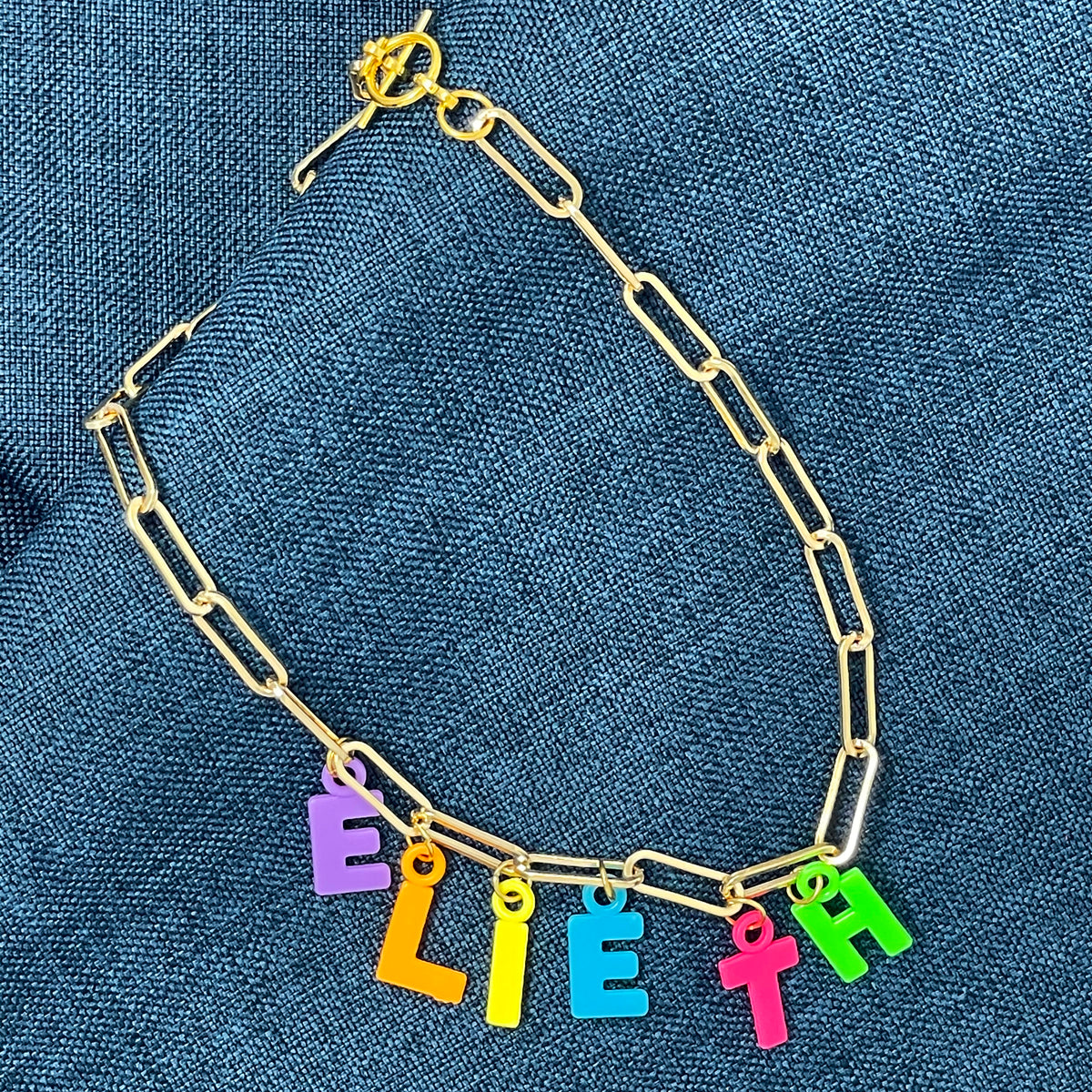 Gold Clip Chain with Colorful Plastic Letters - Custom Made