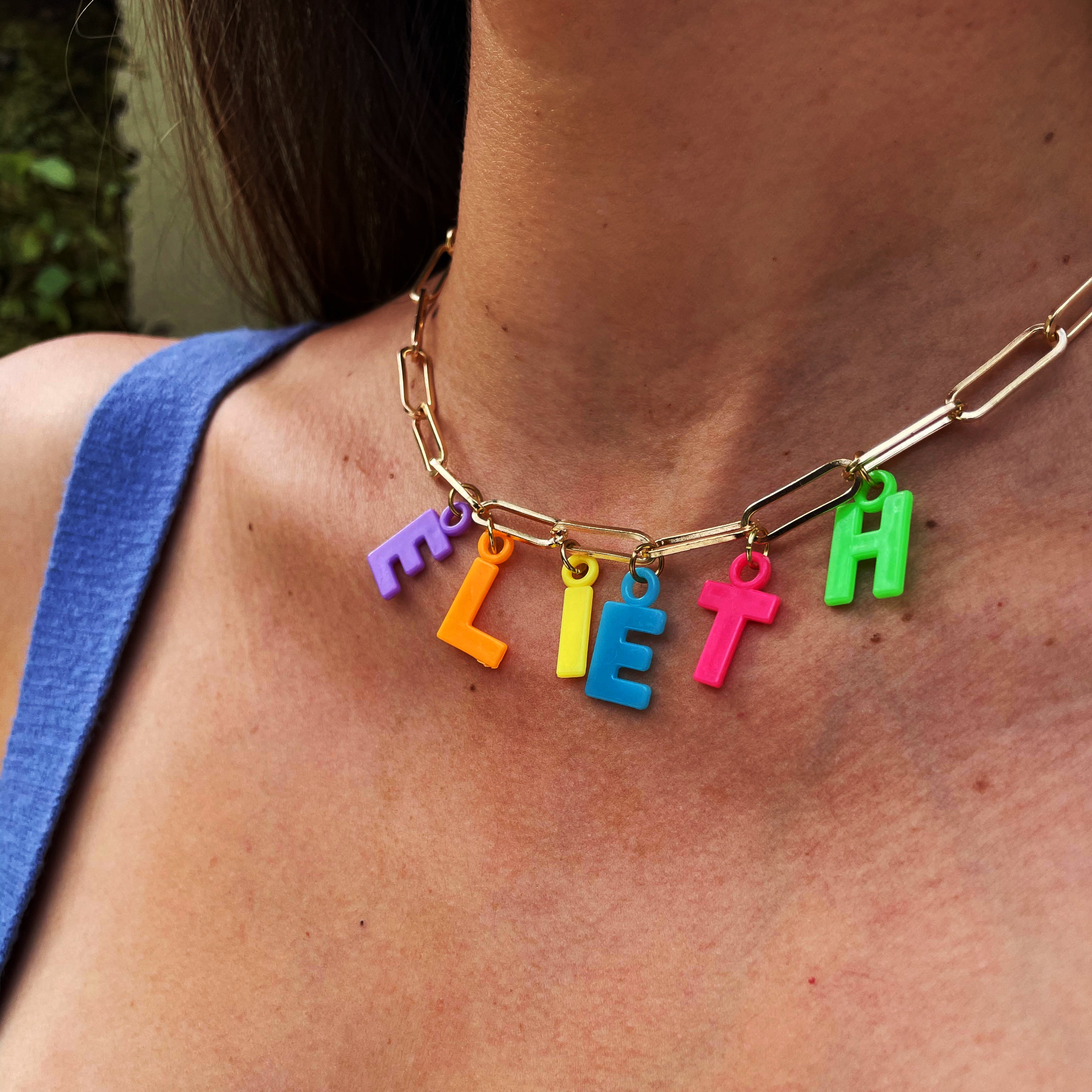 Gold Clip Chain with Colorful Plastic Letters - Custom Made