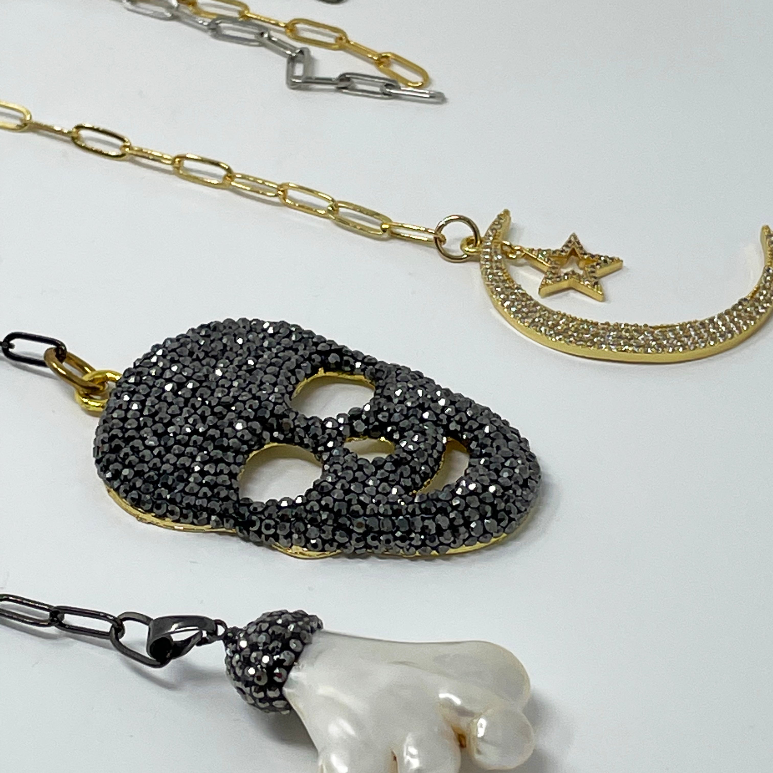 Clip Chain with Black Rhinestoned Skull Pendant - Custom Made