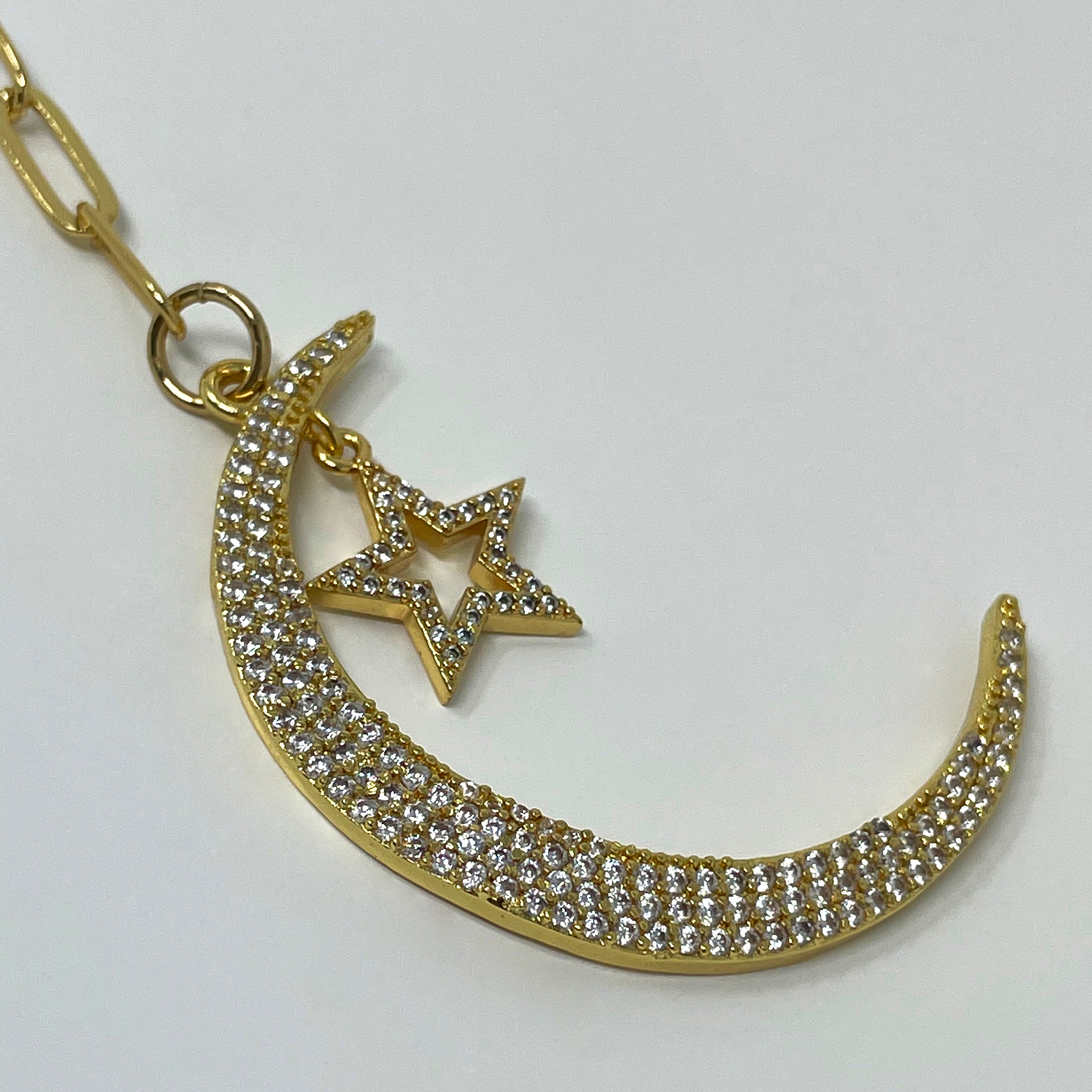 Clip Chain with Rhinestoned Moon and Star Pendant - Custom Made